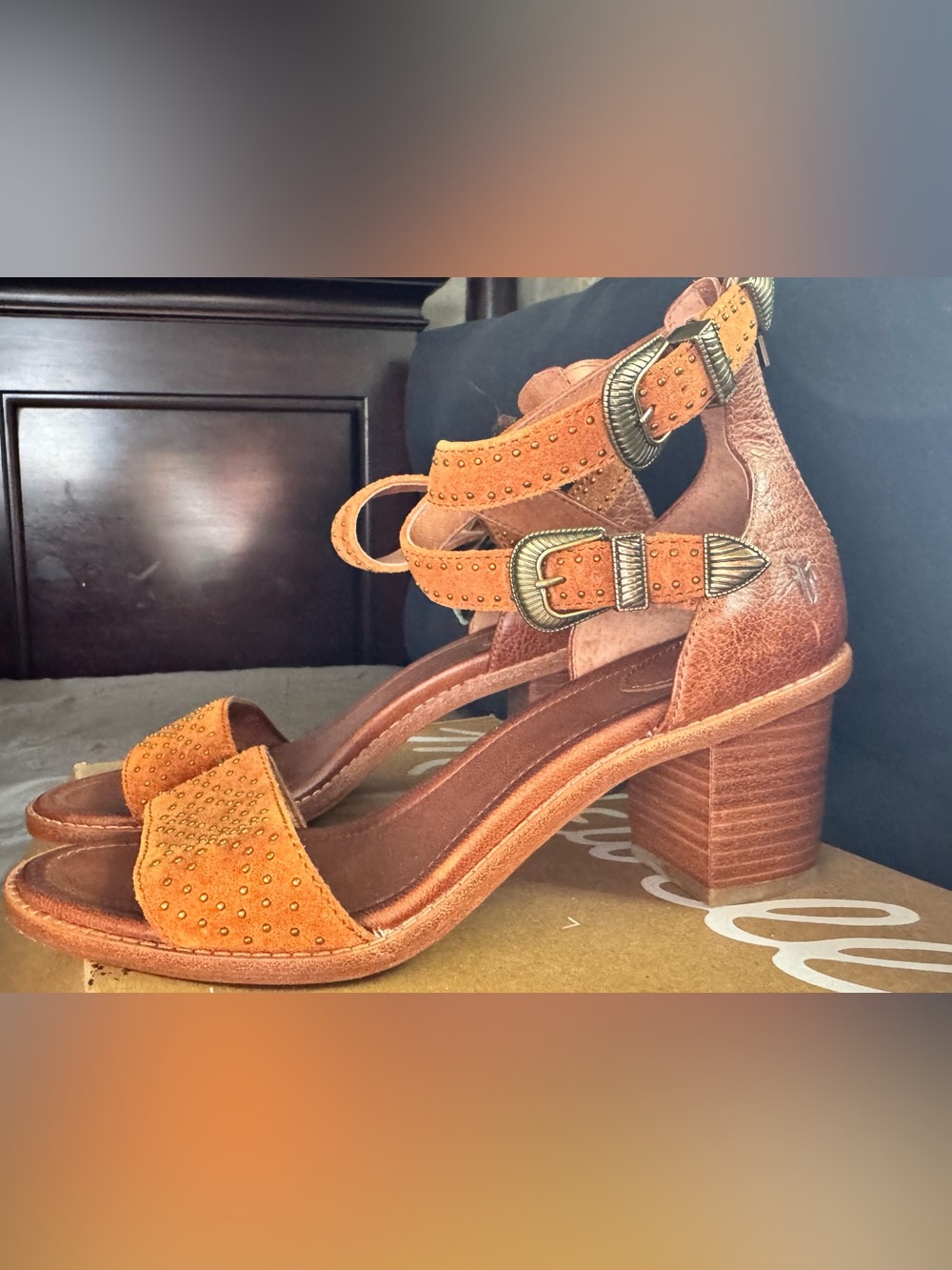 FRYE AUTHENTIC Women's Suede Studded Block Heel Sandals in Cognac